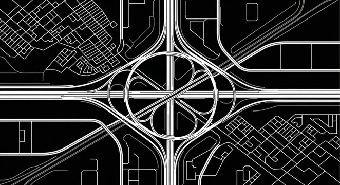 Aerial view of a complex highway interchange at night.