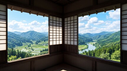 Fototapeta premium Scenic Japanese Room with Picturesque Views of Mountains and Nature.