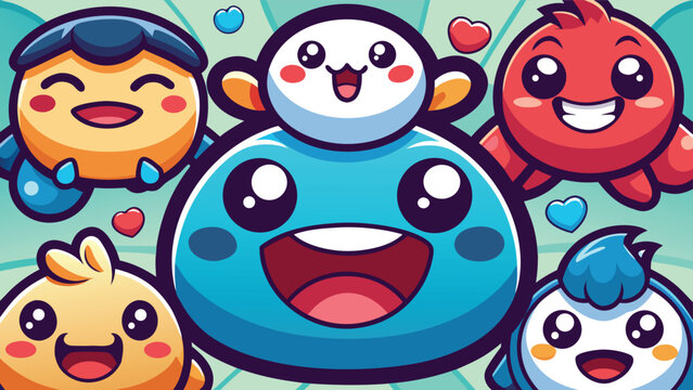 Cute blue slime character surrounded by small round monster friends with hearts