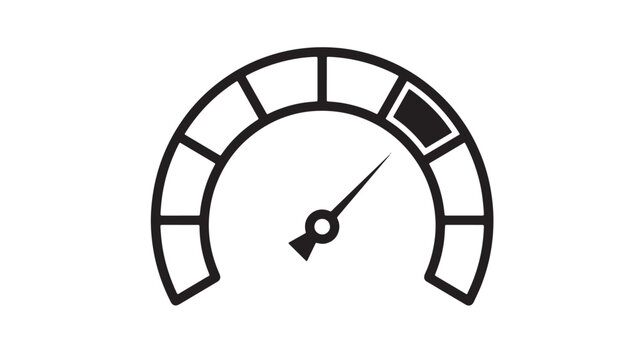 Speedometer gauge icon with black semicircle scale and needle for performance and speed measurement featuring tachometer, dial, meter with dashboard