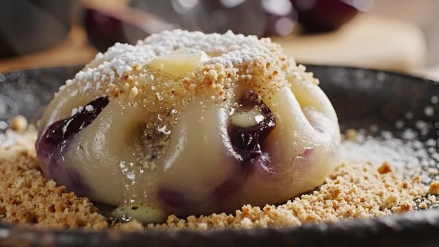Delicious Mochi Dessert with Berries and Powdered Sugar Closeup.
