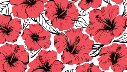 Vibrant red hibiscus flowers with black outlines on white background, vector illustration © Sadhin07