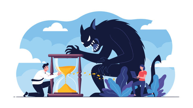Two small people trying to save time from giant shadow monster stealing sand from hourglass representing time loss.