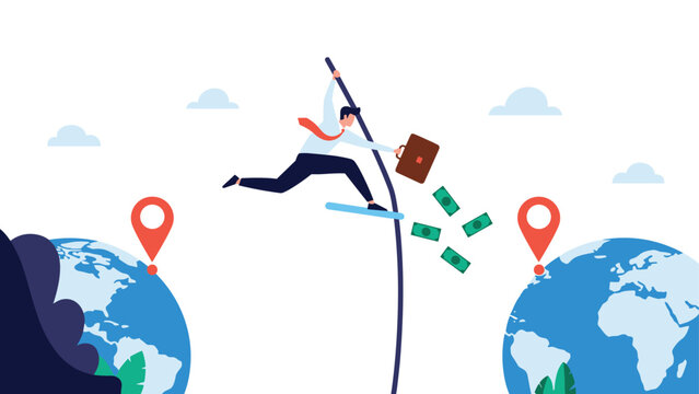 Businessman pole vaulting from one globe to another while losing money from briefcase showing global risk.
