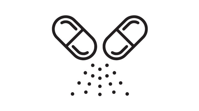 Pills icon with black outline and dotted particles for medical healthcare, pharmacy, treatment, and dosage branding