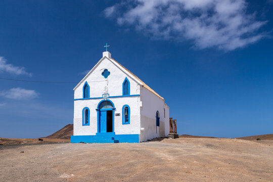 The chapel of Our Lady of Compassion (Capela de Nossa Senhora da Piedade)in the village of Pedra de Luma on the island of Sal, which is built in 1853 in a the colonial style of Portugal with typical w