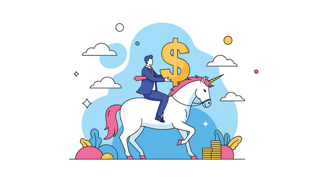 Ambitious entrepreneur rides a magical unicorn while holding a giant gold dollar sign symbolizing extraordinary financial success.