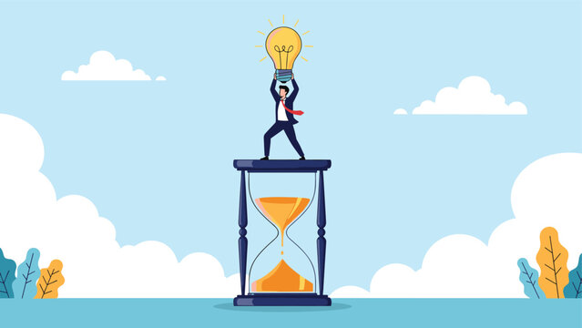 Visionary leader stands on a giant hourglass holding a lightbulb of innovation representing time sensitive business solutions.