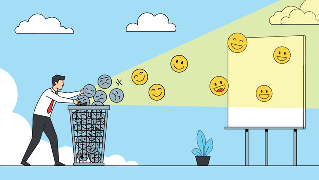 Positive businessman dumps sad face icons into a trash bin while happy emojis float towards a bright yellow presentation board.