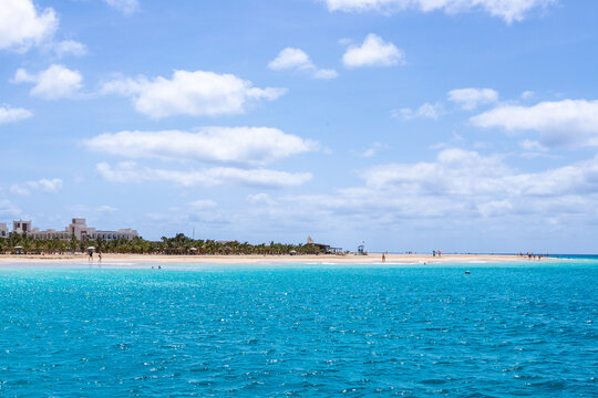 Beautiful view on the coasltine with paradise beaches on the island of Sal in Cape verde with a view on the great lion mountain, Twith a hight of approximately 165 m above sea level at the northern ri