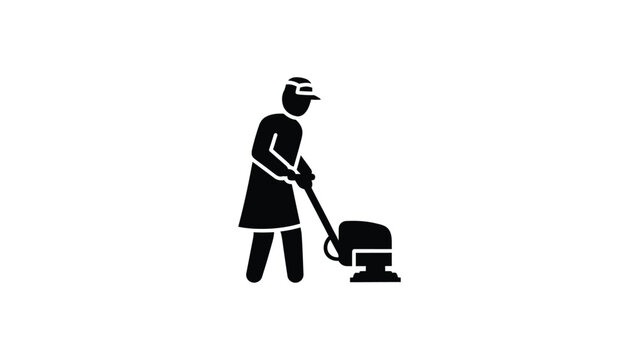 Black silhouette icon of a janitor cleaning floor with a professional floor buffer machine.