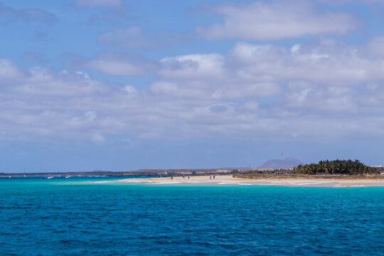 Beautiful view on the coasltine with paradise beaches on the island of Sal in Cape verde with a view on the great lion mountain, Twith a hight of approximately 165 m above sea level at the northern ri