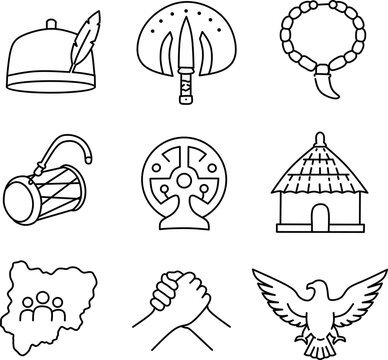 Igbo Day Nigerian cultural icons representing ethnic heritage. Outline vector set