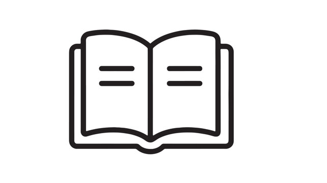Open book icon with thick black outline and two horizontal text lines for educational learning and reading apps