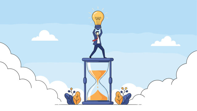 Businessman balances a large glowing lightbulb on his head while standing on top of a giant hourglass.