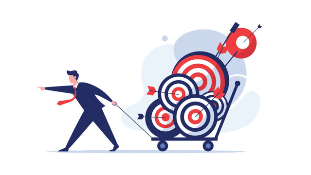 Businessman pulls a cart filled with multiple bullseye targets while pointing ahead toward his next objective.