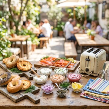 Bagel & Schmear" bar. Multiple wooden boards hold toasted bagel halves, while glass bowls contain flavored cream cheeses, capers, red onions, and smoked salmon slices. A vintage toaster and a stack of