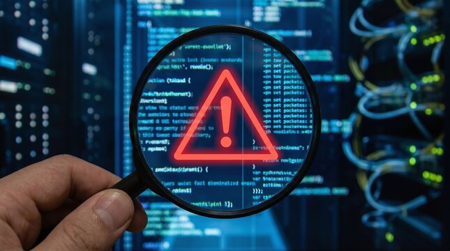 System debugging and threat detection as a Magnifying glass reveals red warning triangle highlighting a software error in network logs.
