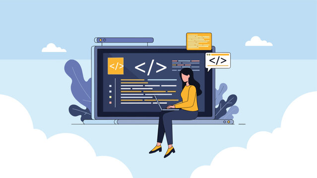 Skilled female programmer sits on large laptop screen while writing code for software development and web design applications.