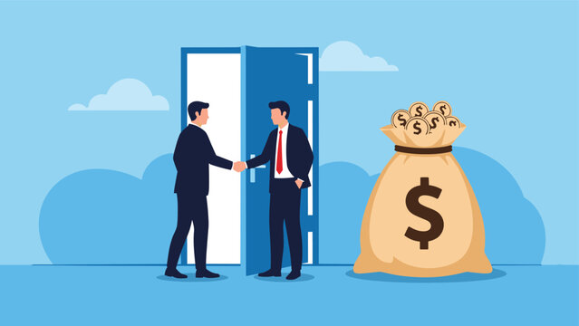Two professional businessmen shake hands in open doorway next to giant bag of gold coins representing successful deal.