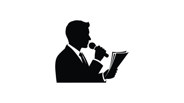 Silhouette of a professional speaker holding a microphone and documents.