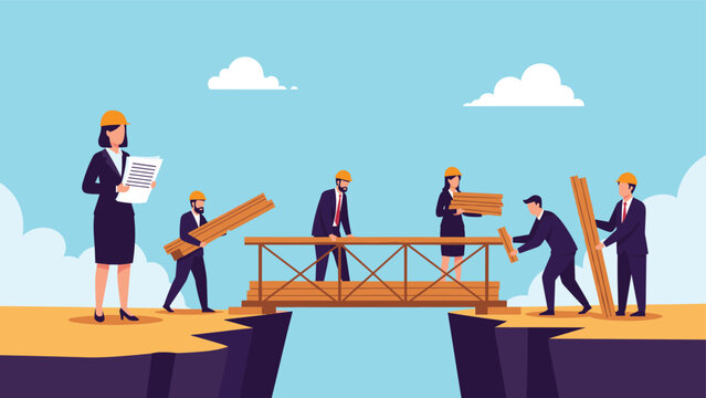 Diverse team of business people and female architect build wooden bridge over deep gap representing infrastructure project.