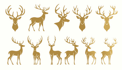 Naklejka premium Selection of golden deer and stag heads with detailed antlers, diverse poses