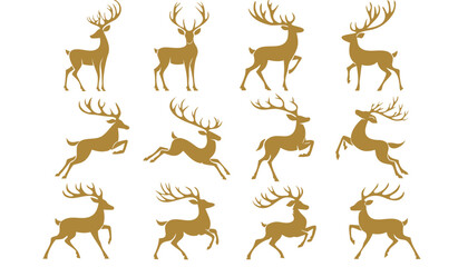Fototapeta premium Collection of dynamic golden deer silhouettes in various poses and running motions