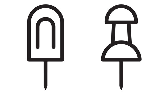 Push pin icon set with black outline map marker style on white background featuring pushpin, navigation, wayfinding with signage and corkboard