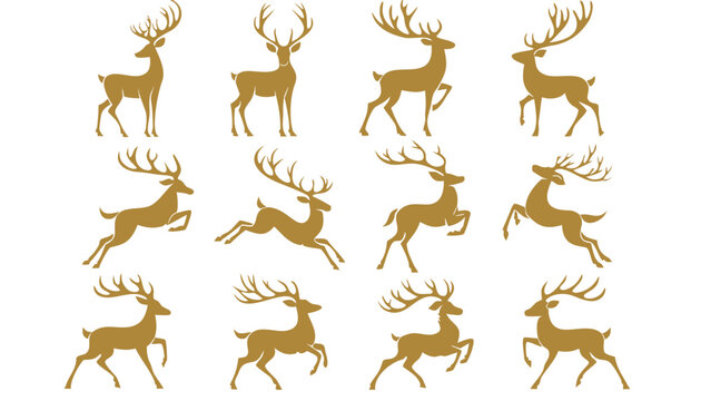 Collection of dynamic golden deer silhouettes in various poses and running motions