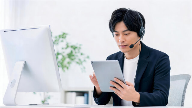 パソコンの前でタブレットを操作するヘッドセットを付けた男性オペレーター