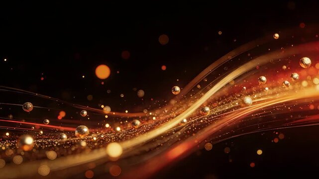Golden abstract wave with glowing orbs
