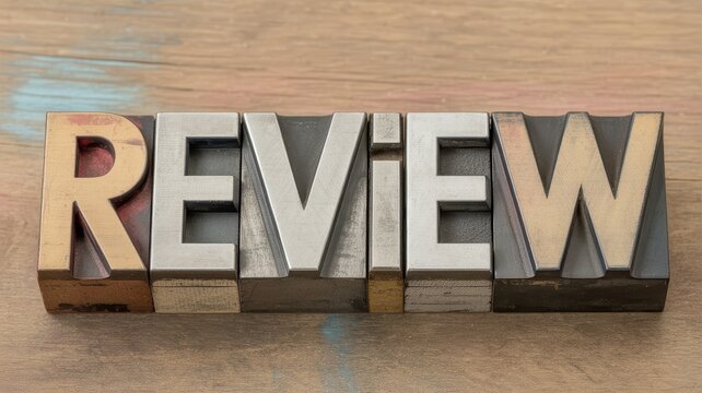Review word spelled with vintage wooden letterpress blocks on rustic wood