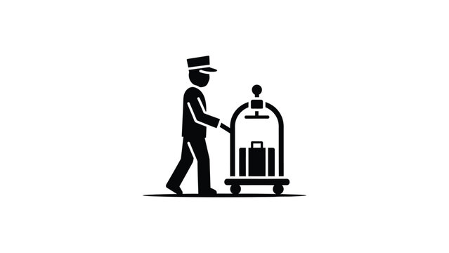 Hotel bellhop pushing a luggage cart with suitcases icon.