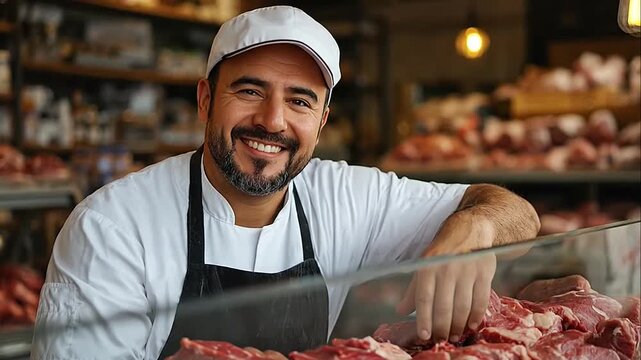 Friendly butcher standing behind a display of fresh raw meat in a modern butchery shop