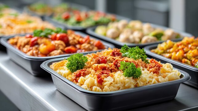 Delicious Variety of Colorful Dishes on a Catering Table with Savory Ingredients and Fresh Herbs