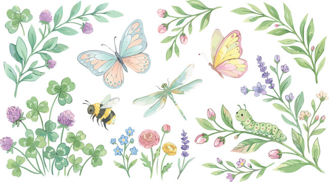 Whimsical illustration of colorful butterflies dragonfly and bee amidst lush greenery and vibrant flowers on white background
