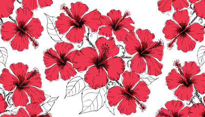 Seamless pattern of red hibiscus flowers and leaves on white background, vector illustration © Sadhin07