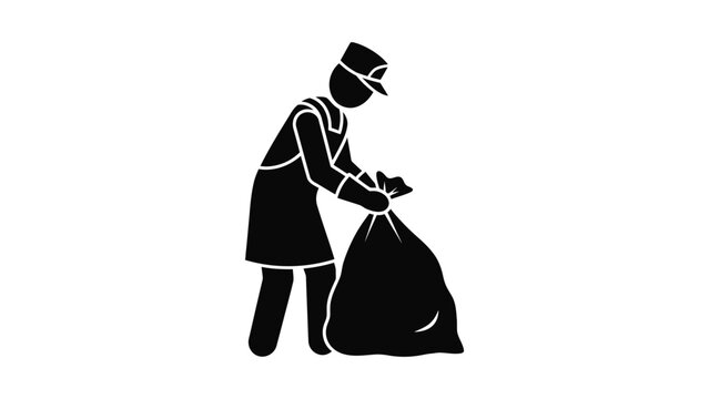 Black silhouette icon of a sanitation worker cleaning and collecting trash bags.