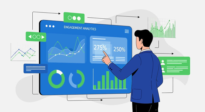 Man analyzing engagement analytics dashboard with charts and graphs