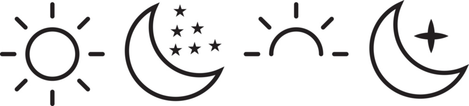 Sun and moon icons set. Dark and light mode symbol. Sun and moon icon vector day and night icon set. black and white icons representing the day and night on transparent png and vector illustration