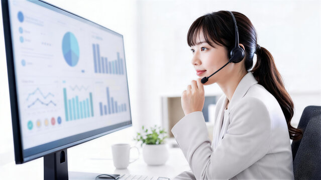 グラフが表示されたモニターを見ながらマイクに手を添える女性オペレーター