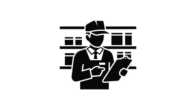 Black silhouette icon of a warehouse worker holding a clipboard in front of shelves.