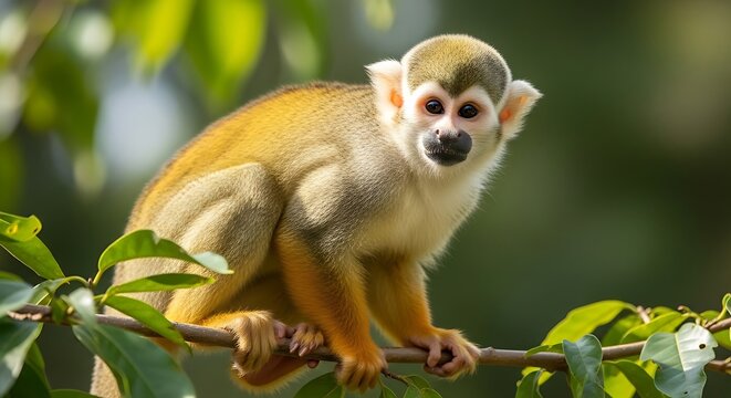 Common squirrel monkey sitting on tree branch with green leaves wildlife adorable portrait