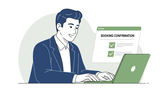 Man confirming booking online on laptop, happy with successful transaction