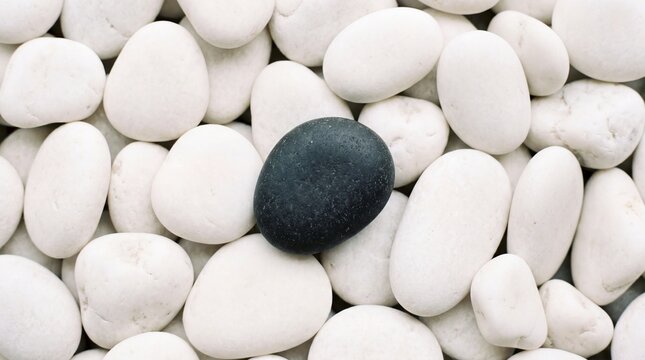 Unique Black Stone Amongst White Pebbles, Symbolizing Individuality and Difference.