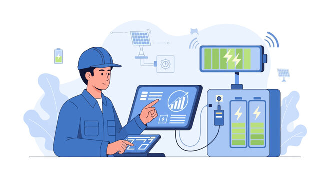 Engineer using tablet and screen for smart solar battery charging station management