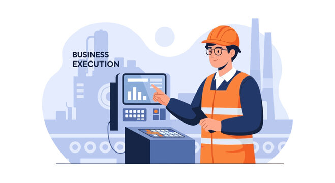 Factory worker operating control panel, industrial production management, business execution