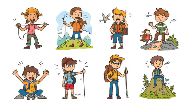 Adventures on the Trail: A collection of illustrative portrayals of animated explorers, depicting the range of emotions experienced while navigating nature's trails.