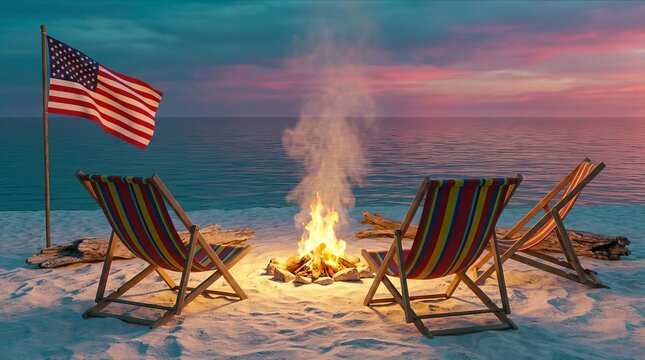 American Holiday Beach Bonfire &ndash; Bonfire, Beach Chairs, Patriotic Decorations for Labor Day, Fourth of July, Memorial Day